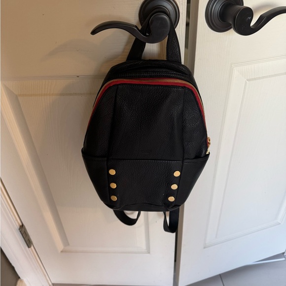 Black Leather Book Bag with Red Zipper detail, gold studded - Picture 2 of 2